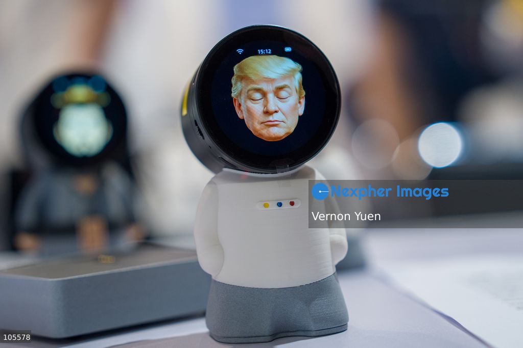 A desk AI agent with a avatar looking like US president Donald Trump at the Hong Kong Electronics Fair on October 14, 2026 in Hong Kong. (Photo by Vernon Yuen/Nexpher Images)