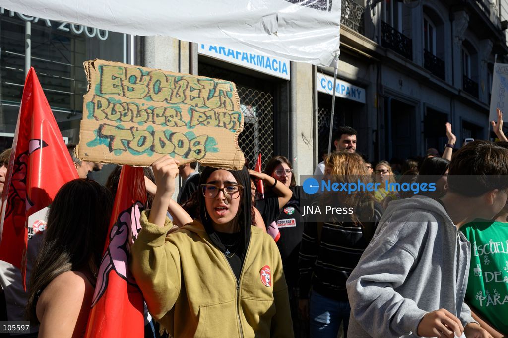 MADRID, SPAIN, OCTOBER 14, 2026: Students and teachers gather at Puerta del Sol in central Madrid to demand better funding and improved conditions in public education. The demonstration coincides with the start of an indefinite strike called by education unions representing non-university teachers across the Madrid region. Photo by Tomas Calle / JNA Press. (Photo by Tomas Calle/JNA Press via Nexpher Images)