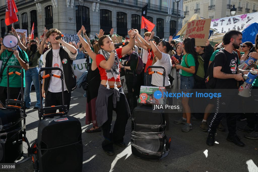 MADRID, SPAIN, OCTOBER 14, 2026: Students and teachers gather at Puerta del Sol in central Madrid to demand better funding and improved conditions in public education. The demonstration coincides with the start of an indefinite strike called by education unions representing non-university teachers across the Madrid region. Photo by Tomas Calle / JNA Press. (Photo by Tomas Calle/JNA Press via Nexpher Images)