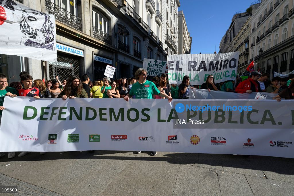 MADRID, SPAIN, OCTOBER 14, 2026: Students and teachers gather at Puerta del Sol in central Madrid to demand better funding and improved conditions in public education. The demonstration coincides with the start of an indefinite strike called by education unions representing non-university teachers across the Madrid region. Photo by Tomas Calle / JNA Press. (Photo by Tomas Calle/JNA Press via Nexpher Images)