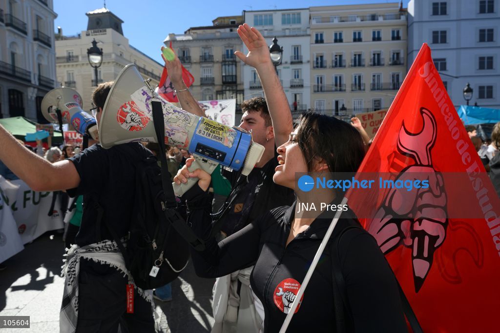 MADRID, SPAIN, OCTOBER 14, 2026: Students and teachers gather at Puerta del Sol in central Madrid to demand better funding and improved conditions in public education. The demonstration coincides with the start of an indefinite strike called by education unions representing non-university teachers across the Madrid region. Photo by Tomas Calle / JNA Press. (Photo by Tomas Calle/JNA Press via Nexpher Images)