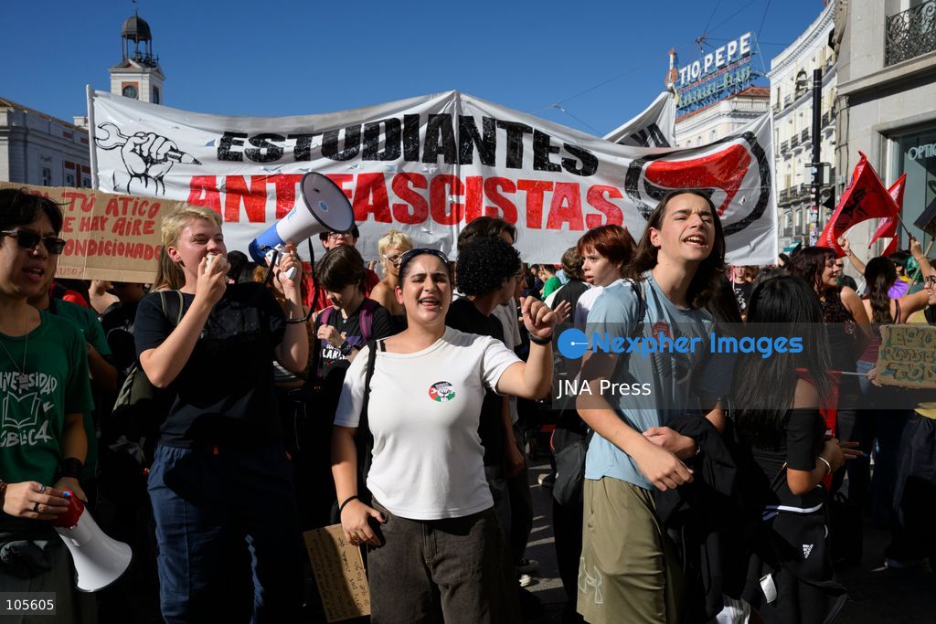 MADRID, SPAIN, OCTOBER 14, 2026: Students and teachers gather at Puerta del Sol in central Madrid to demand better funding and improved conditions in public education. The demonstration coincides with the start of an indefinite strike called by education unions representing non-university teachers across the Madrid region. Photo by Tomas Calle / JNA Press. (Photo by Tomas Calle/JNA Press via Nexpher Images)