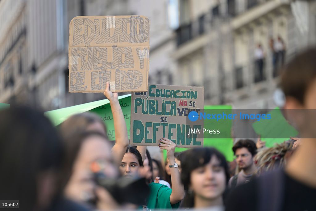MADRID, SPAIN, OCTOBER 14, 2026: Students and teachers gather at Puerta del Sol in central Madrid to demand better funding and improved conditions in public education. The demonstration coincides with the start of an indefinite strike called by education unions representing non-university teachers across the Madrid region. Photo by Tomas Calle / JNA Press. (Photo by Tomas Calle/JNA Press via Nexpher Images)