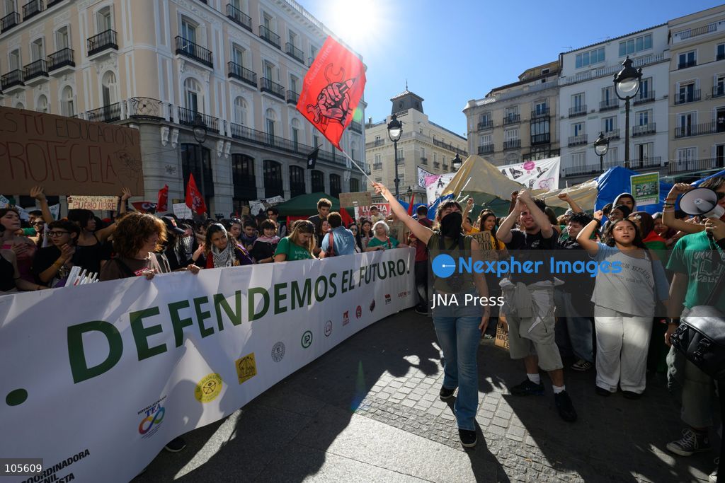 MADRID, SPAIN, OCTOBER 14, 2026: Students and teachers gather at Puerta del Sol in central Madrid to demand better funding and improved conditions in public education. The demonstration coincides with the start of an indefinite strike called by education unions representing non-university teachers across the Madrid region. Photo by Tomas Calle / JNA Press. (Photo by Tomas Calle/JNA Press via Nexpher Images)