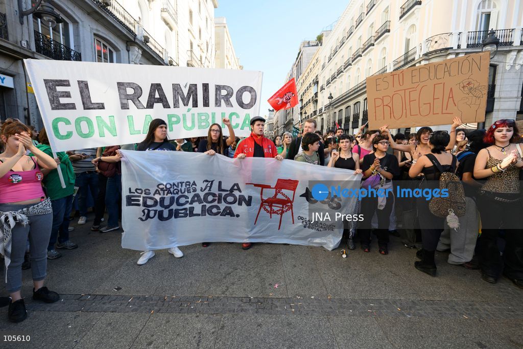 MADRID, SPAIN, OCTOBER 14, 2026: Students and teachers gather at Puerta del Sol in central Madrid to demand better funding and improved conditions in public education. The demonstration coincides with the start of an indefinite strike called by education unions representing non-university teachers across the Madrid region. Photo by Tomas Calle / JNA Press. (Photo by Tomas Calle/JNA Press via Nexpher Images)