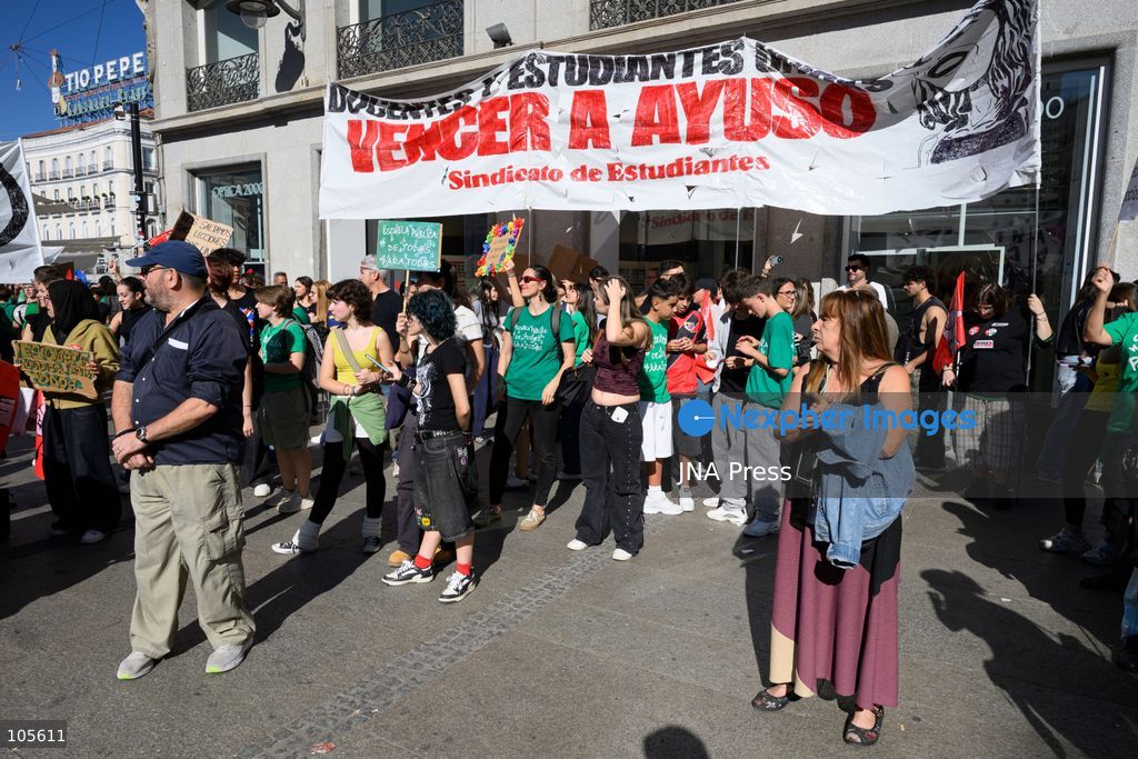 MADRID, SPAIN, OCTOBER 14, 2026: Students and teachers gather at Puerta del Sol in central Madrid to demand better funding and improved conditions in public education. The demonstration coincides with the start of an indefinite strike called by education unions representing non-university teachers across the Madrid region. Photo by Tomas Calle / JNA Press. (Photo by Tomas Calle/JNA Press via Nexpher Images)