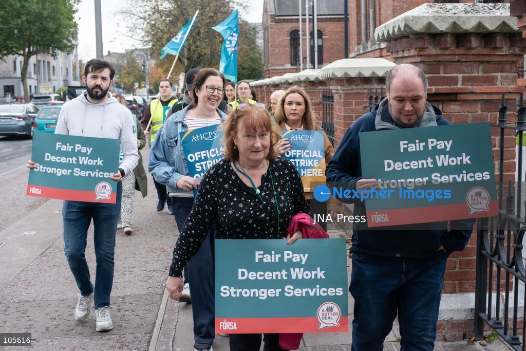 CORK, IRELAND, OCTOBER 14, 2026: Trade union members demonstrate in Cork during a nationwide 24-hour public sector strike over pay and the rising cost of living. The industrial action disrupts schools, healthcare and other public services, while essential emergency services remain available. Photo by Steven Slevin / JNA Press. (Photo by Steven Slevin/JNA Press via Nexpher Images)