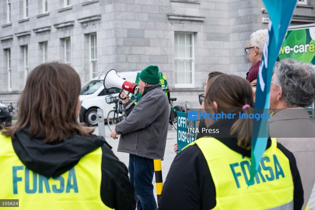 CORK, IRELAND, OCTOBER 14, 2026: Trade union members demonstrate in Cork during a nationwide 24-hour public sector strike over pay and the rising cost of living. The industrial action disrupts schools, healthcare and other public services, while essential emergency services remain available. Photo by Steven Slevin / JNA Press. (Photo by Steven Slevin/JNA Press via Nexpher Images)