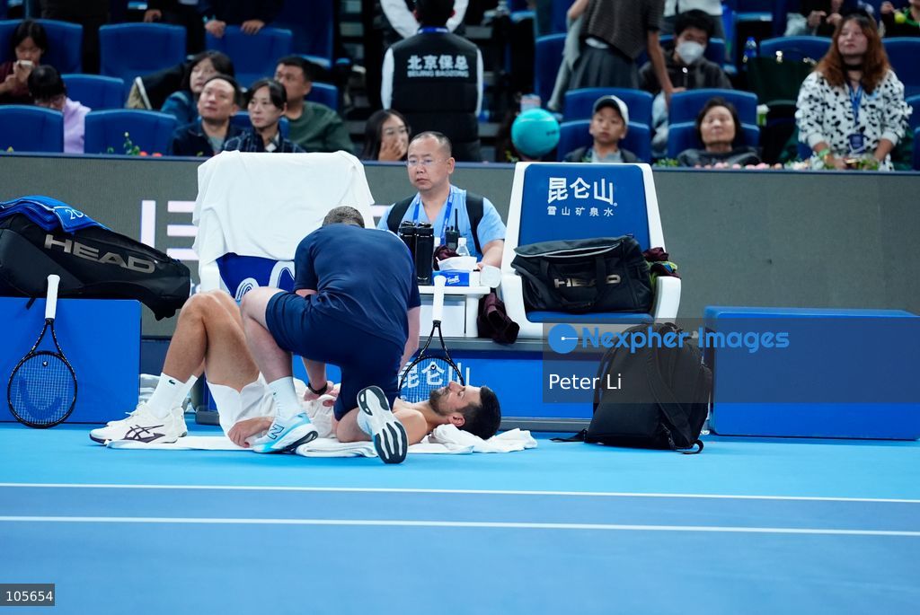 Alex De Minaur of Australia in action against Novak Djokovic of Serbia during their Men's Singles final match on day seven of China Open at the National Tennis Center on October 6, 2026 in Beijing, China. (Photo by Peter Li/Nexpher Images)