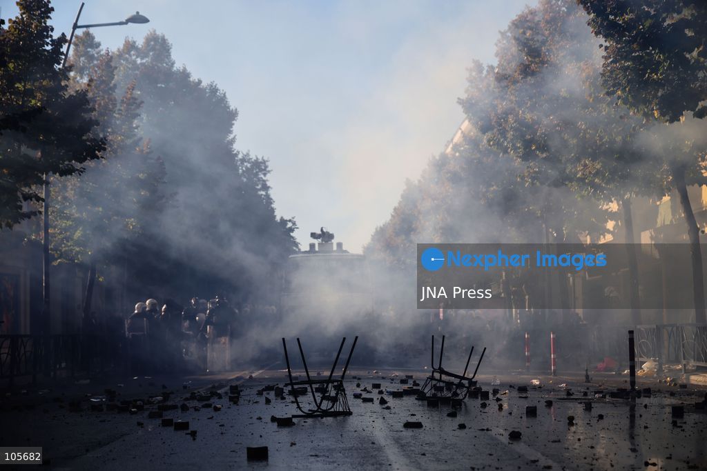 TOP PICS - TIRANA, ALBANIA, OCTOBER 13, 2026: Student demonstrators clash with riot police outside the Ministry of Education in Tirana during a protest over university conditions, higher education costs and employment prospects. Police deploy tear gas and water cannons as protesters throw bricks and other objects. Several demonstrators are detained. Photo by Vlasov Sulaj / JNA Press. (Photo by Vlasov Sulaj/JNA Press via Nexpher Images)