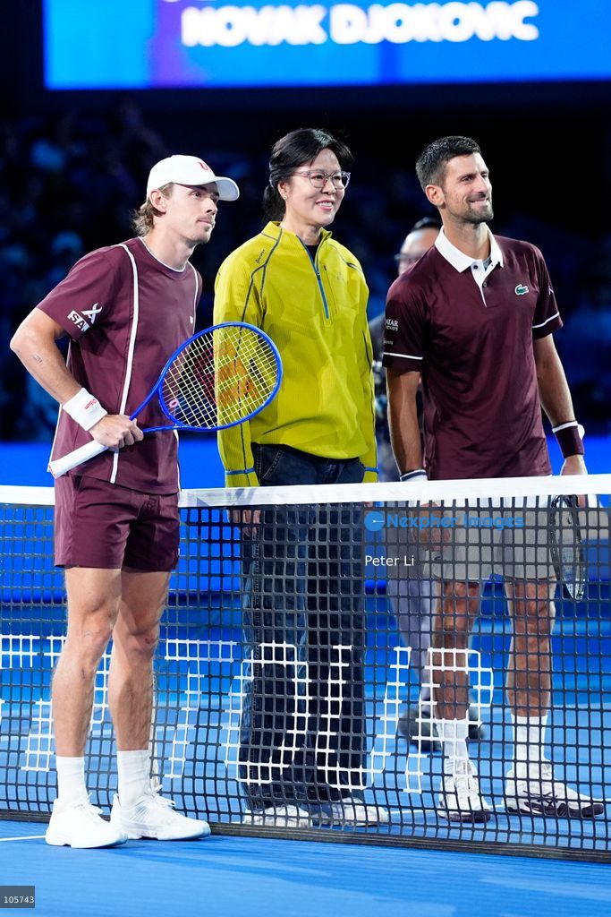 Novak Djokovic of Serbia ,Lang Ping of China and Alex De Minaur of Australia pose for a photograph before during their Men's Singles final match on day seven of China Open at the National Tennis Center on October 6, 2026 in Beijing, China. (Photo by Peter Li/Nexpher Images)