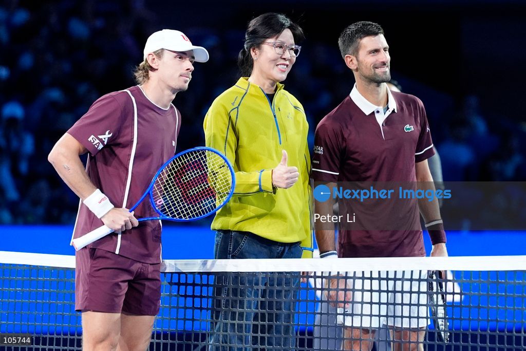 Novak Djokovic of Serbia ,Lang Ping of China and Alex De Minaur of Australia pose for a photograph before during their Men's Singles final match on day seven of China Open at the National Tennis Center on October 6, 2026 in Beijing, China. (Photo by Peter Li/Nexpher Images)