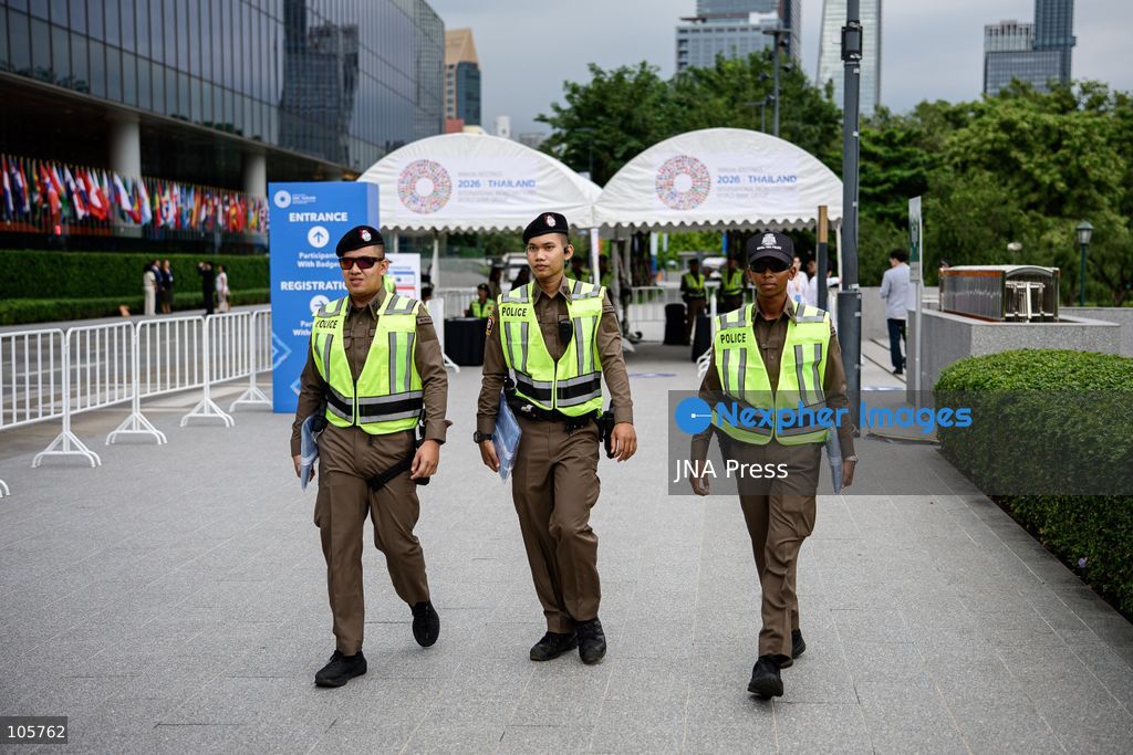 BANGKOK, THAILAND, OCTOBER 14, 2026: Police officers maintain security around the Queen Sirikit National Convention Center (QSNCC) during the 2026 Annual Meetings of the International Monetary Fund and the World Bank Group. Authorities have introduced special security and traffic arrangements around the venue for the meetings, which run from October 12 to 18. Photo by Watsawat Koktabtim / JNA Press. (Photo by Watsawat "James" Koktabtim/JNA Press via Nexpher Images)