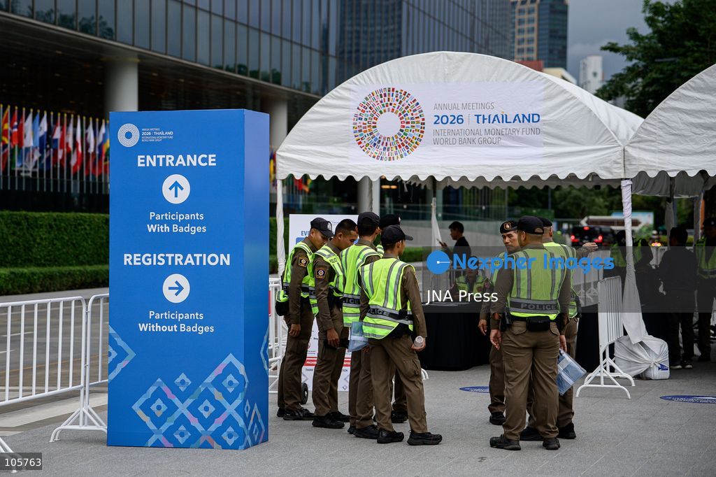 BANGKOK, THAILAND, OCTOBER 14, 2026: Police officers maintain security around the Queen Sirikit National Convention Center (QSNCC) during the 2026 Annual Meetings of the International Monetary Fund and the World Bank Group. Authorities have introduced special security and traffic arrangements around the venue for the meetings, which run from October 12 to 18. Photo by Watsawat Koktabtim / JNA Press. (Photo by Watsawat "James" Koktabtim/JNA Press via Nexpher Images)
