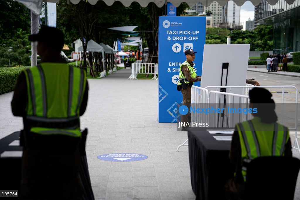 BANGKOK, THAILAND, OCTOBER 14, 2026: Police officers maintain security around the Queen Sirikit National Convention Center (QSNCC) during the 2026 Annual Meetings of the International Monetary Fund and the World Bank Group. Authorities have introduced special security and traffic arrangements around the venue for the meetings, which run from October 12 to 18. Photo by Watsawat Koktabtim / JNA Press. (Photo by Watsawat "James" Koktabtim/JNA Press via Nexpher Images)