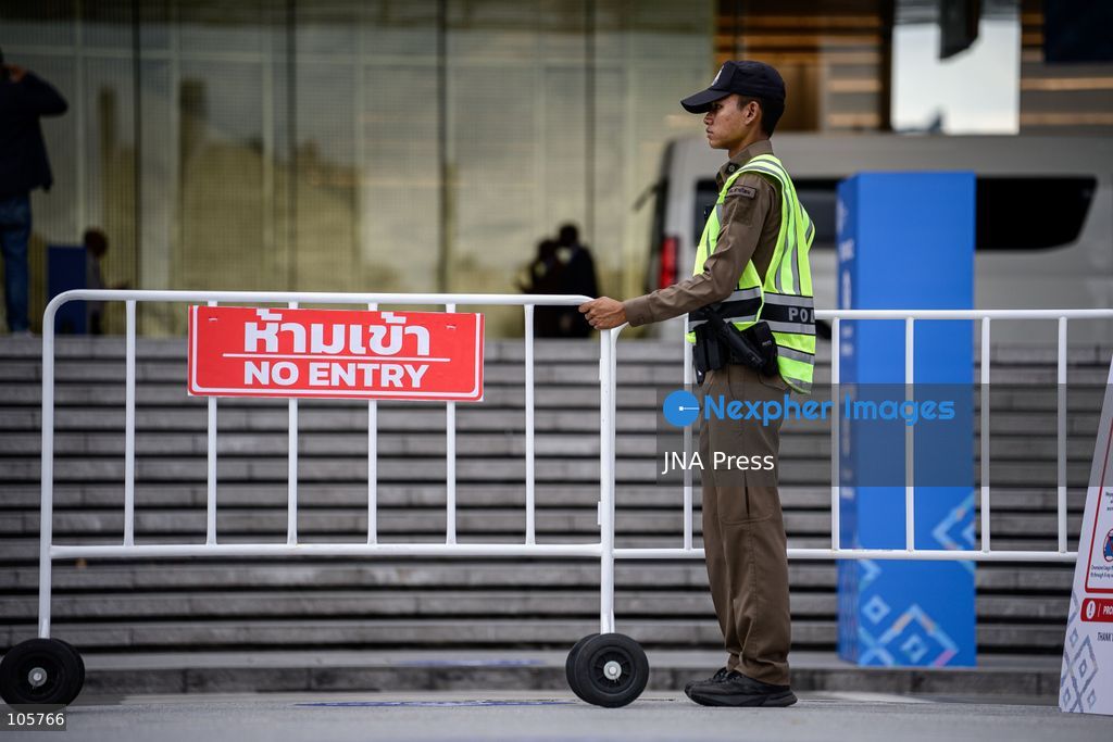 BANGKOK, THAILAND, OCTOBER 14, 2026: Police officers maintain security around the Queen Sirikit National Convention Center (QSNCC) during the 2026 Annual Meetings of the International Monetary Fund and the World Bank Group. Authorities have introduced special security and traffic arrangements around the venue for the meetings, which run from October 12 to 18. Photo by Watsawat Koktabtim / JNA Press. (Photo by Watsawat "James" Koktabtim/JNA Press via Nexpher Images)