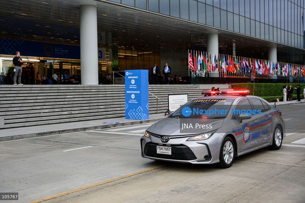 BANGKOK, THAILAND, OCTOBER 14, 2026: Police officers maintain security around the Queen Sirikit National Convention Center (QSNCC) during the 2026 Annual Meetings of the International Monetary Fund and the World Bank Group. Authorities have introduced special security and traffic arrangements around the venue for the meetings, which run from October 12 to 18. Photo by Watsawat Koktabtim / JNA Press. (Photo by Watsawat "James" Koktabtim/JNA Press via Nexpher Images)