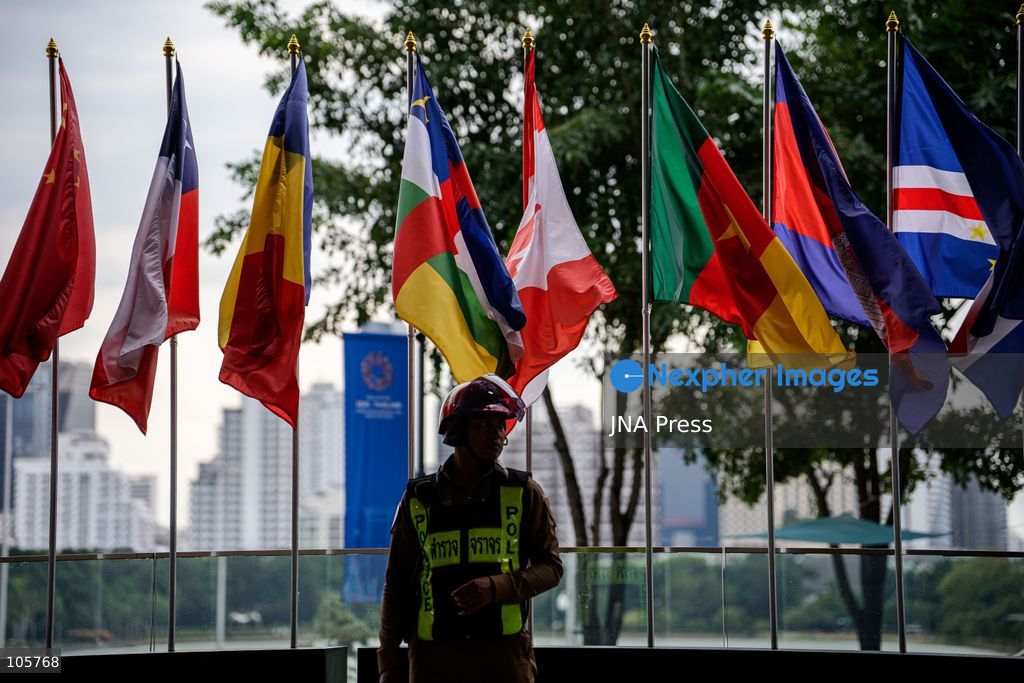 BANGKOK, THAILAND, OCTOBER 14, 2026: Police officers maintain security around the Queen Sirikit National Convention Center (QSNCC) during the 2026 Annual Meetings of the International Monetary Fund and the World Bank Group. Authorities have introduced special security and traffic arrangements around the venue for the meetings, which run from October 12 to 18. Photo by Watsawat Koktabtim / JNA Press. (Photo by Watsawat "James" Koktabtim/JNA Press via Nexpher Images)