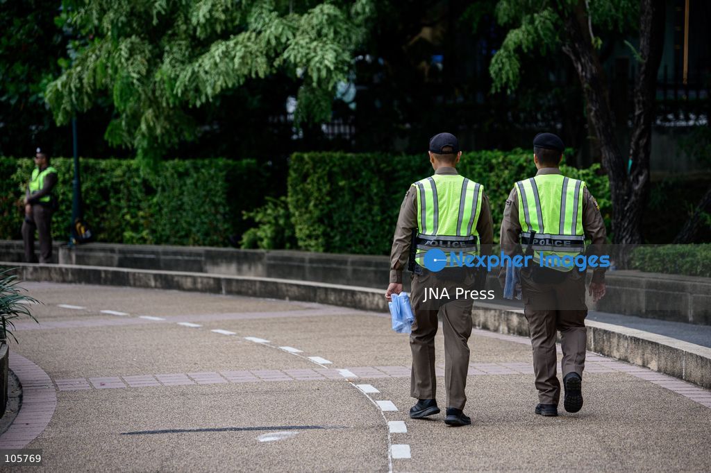 BANGKOK, THAILAND, OCTOBER 14, 2026: Police officers maintain security around the Queen Sirikit National Convention Center (QSNCC) during the 2026 Annual Meetings of the International Monetary Fund and the World Bank Group. Authorities have introduced special security and traffic arrangements around the venue for the meetings, which run from October 12 to 18. Photo by Watsawat Koktabtim / JNA Press. (Photo by Watsawat "James" Koktabtim/JNA Press via Nexpher Images)
