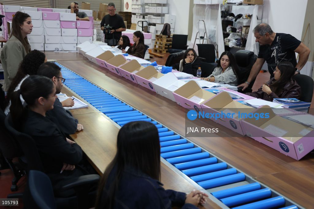 SHOHAM, ISRAEL, OCTOBER 14, 2026: Preparations for Israel’s upcoming parliamentary elections at the Central Elections Committee’s logistics centre in Shoham. Workers organise and pack voting materials and polling station equipment during a media tour of the facility. Photo by Saeed qaq / JNA PREES (Photo by Saeed Qaq/JNA Press via Nexpher Images)