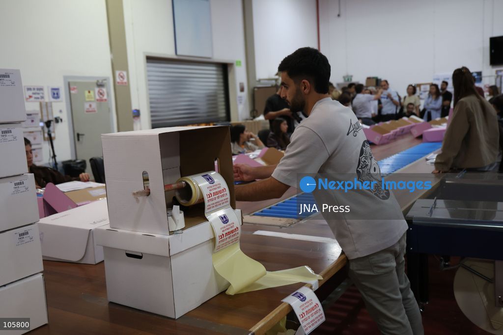 SHOHAM, ISRAEL, OCTOBER 14, 2026: Preparations for Israel’s upcoming parliamentary elections at the Central Elections Committee’s logistics centre in Shoham. Workers organise and pack voting materials and polling station equipment during a media tour of the facility. Photo by Saeed qaq / JNA PREES (Photo by Saeed Qaq/JNA Press via Nexpher Images)