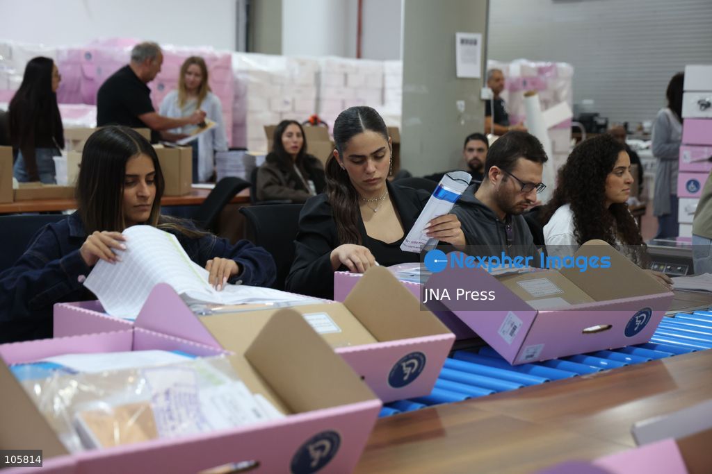 SHOHAM, ISRAEL, OCTOBER 14, 2026: Preparations for Israel’s upcoming parliamentary elections at the Central Elections Committee’s logistics centre in Shoham. Workers organise and pack voting materials and polling station equipment during a media tour of the facility. Photo by Saeed qaq / JNA PREES (Photo by Saeed Qaq/JNA Press via Nexpher Images)