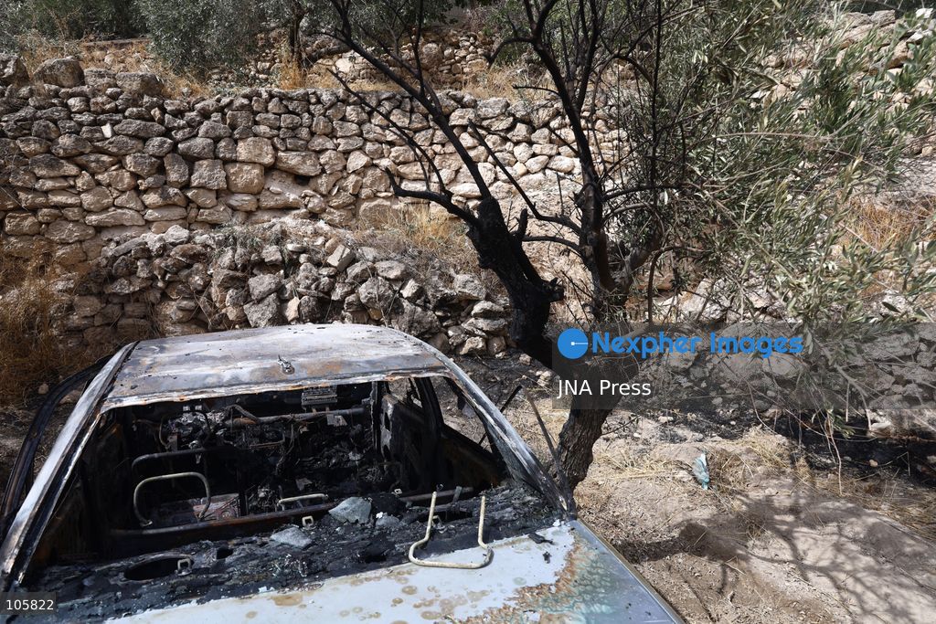 MUKHMAS, WEST BANK, PALESTINE, OCTOBER 14, 2026: Damage at the Sultan Ibrahim Mosque following an overnight arson attack in Mukhmas, northeast of Jerusalem, in the occupied West Bank. Israeli settlers set fire to parts of the mosque, a car and olive trees and spray-painted racist and threatening slogans on the mosque’s walls, according to Palestinian officials and the mosque’s imam. Photo by Salman Mohsen Alkhatib / JNA Press. (Photo by Salman Mohsen Alkhatib/JNA Press via Nexpher Images)