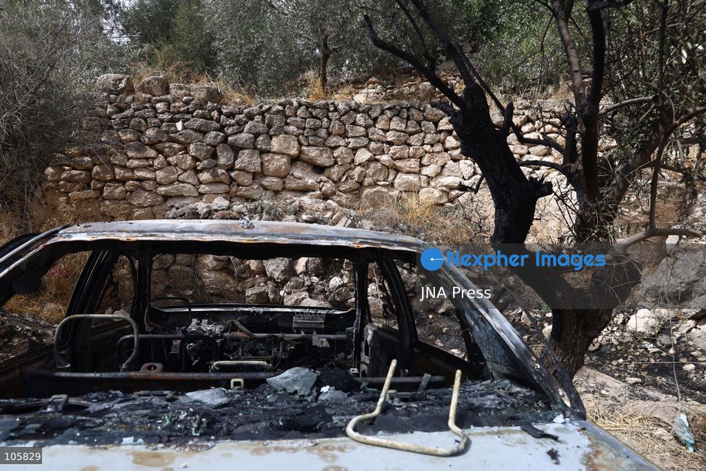 MUKHMAS, WEST BANK, PALESTINE, OCTOBER 14, 2026: Damage at the Sultan Ibrahim Mosque following an overnight arson attack in Mukhmas, northeast of Jerusalem, in the occupied West Bank. Israeli settlers set fire to parts of the mosque, a car and olive trees and spray-painted racist and threatening slogans on the mosque’s walls, according to Palestinian officials and the mosque’s imam. Photo by Salman Mohsen Alkhatib / JNA Press. (Photo by Salman Mohsen Alkhatib/JNA Press via Nexpher Images)