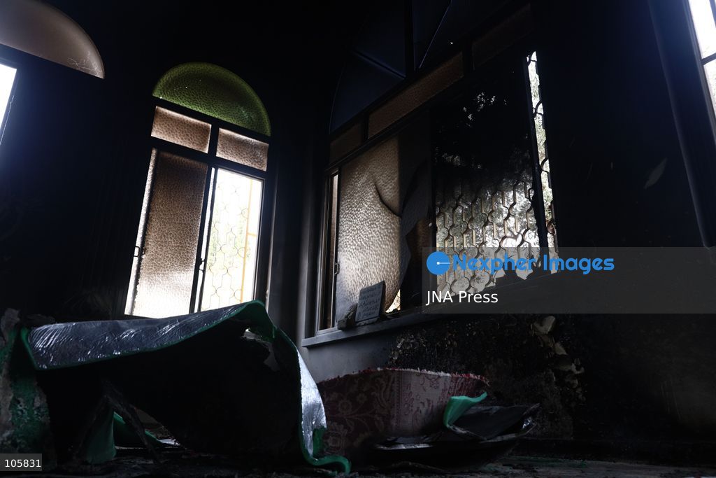 MUKHMAS, WEST BANK, PALESTINE, OCTOBER 14, 2026: Damage at the Sultan Ibrahim Mosque following an overnight arson attack in Mukhmas, northeast of Jerusalem, in the occupied West Bank. Israeli settlers set fire to parts of the mosque, a car and olive trees and spray-painted racist and threatening slogans on the mosque’s walls, according to Palestinian officials and the mosque’s imam. Photo by Salman Mohsen Alkhatib / JNA Press. (Photo by Salman Mohsen Alkhatib/JNA Press via Nexpher Images)