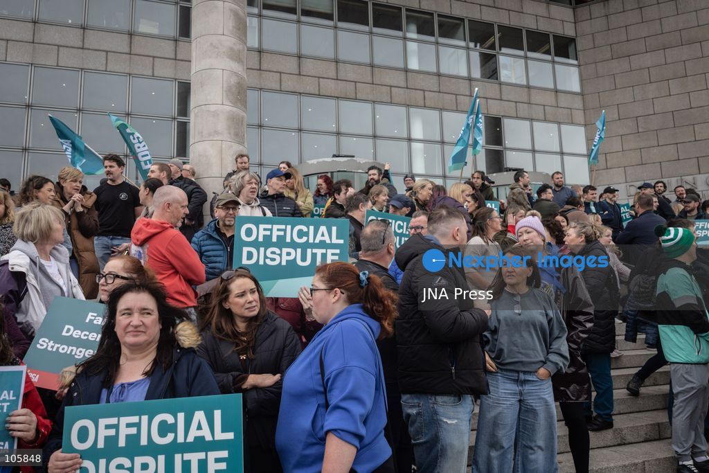 DUBLIN, IRELAND, OCTOBER 14, 2026: Public sector workers take part in a nationwide 24-hour strike in Dublin amid a dispute over negotiations for a new public sector pay agreement. The action involves teachers, healthcare workers and civil servants, disrupting schools and public services while essential emergency care remains available. Photo by Nadia Caimi / JNA Press. (Photo by Nadia Caimi/JNA Press via Nexpher Images)