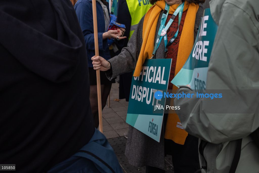 DUBLIN, IRELAND, OCTOBER 14, 2026: Public sector workers take part in a nationwide 24-hour strike in Dublin amid a dispute over negotiations for a new public sector pay agreement. The action involves teachers, healthcare workers and civil servants, disrupting schools and public services while essential emergency care remains available. Photo by Nadia Caimi / JNA Press. (Photo by Nadia Caimi/JNA Press via Nexpher Images)