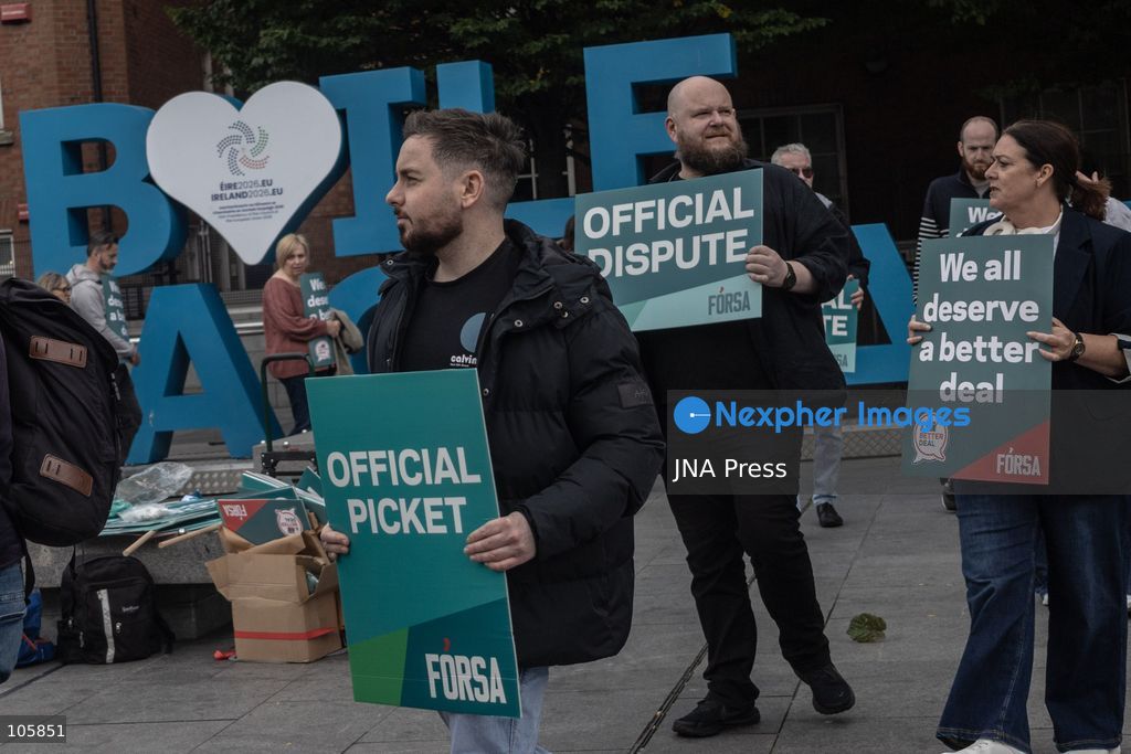 DUBLIN, IRELAND, OCTOBER 14, 2026: Public sector workers take part in a nationwide 24-hour strike in Dublin amid a dispute over negotiations for a new public sector pay agreement. The action involves teachers, healthcare workers and civil servants, disrupting schools and public services while essential emergency care remains available. Photo by Nadia Caimi / JNA Press. (Photo by Nadia Caimi/JNA Press via Nexpher Images)