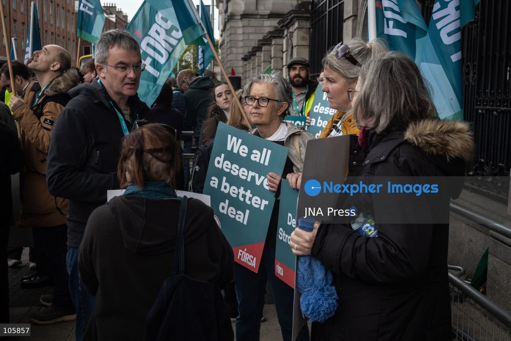 DUBLIN, IRELAND, OCTOBER 14, 2026: Public sector workers take part in a nationwide 24-hour strike in Dublin amid a dispute over negotiations for a new public sector pay agreement. The action involves teachers, healthcare workers and civil servants, disrupting schools and public services while essential emergency care remains available. Photo by Nadia Caimi / JNA Press. (Photo by Nadia Caimi/JNA Press via Nexpher Images)