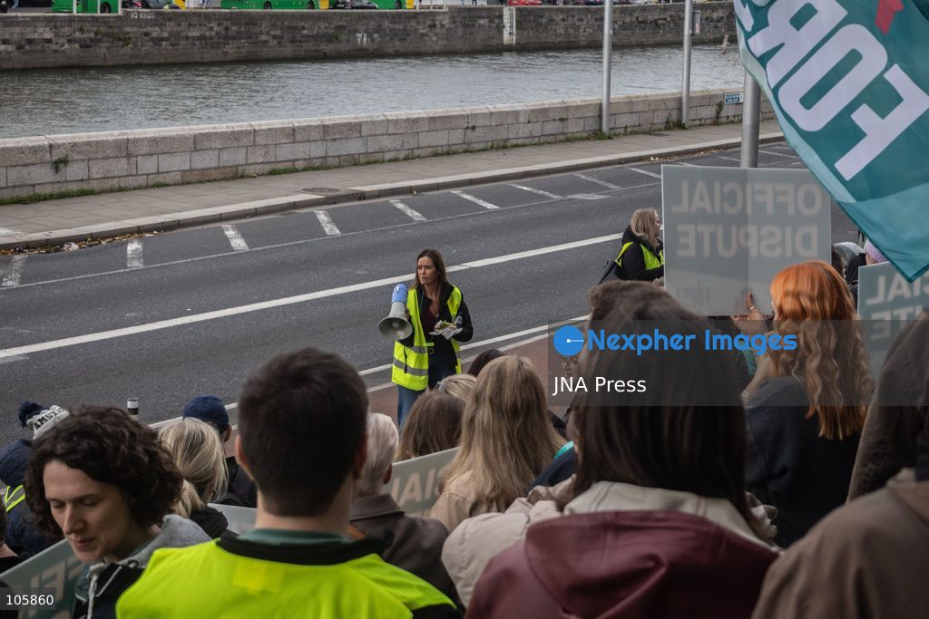 DUBLIN, IRELAND, OCTOBER 14, 2026: Public sector workers take part in a nationwide 24-hour strike in Dublin amid a dispute over negotiations for a new public sector pay agreement. The action involves teachers, healthcare workers and civil servants, disrupting schools and public services while essential emergency care remains available. Photo by Nadia Caimi / JNA Press. (Photo by Nadia Caimi/JNA Press via Nexpher Images)
