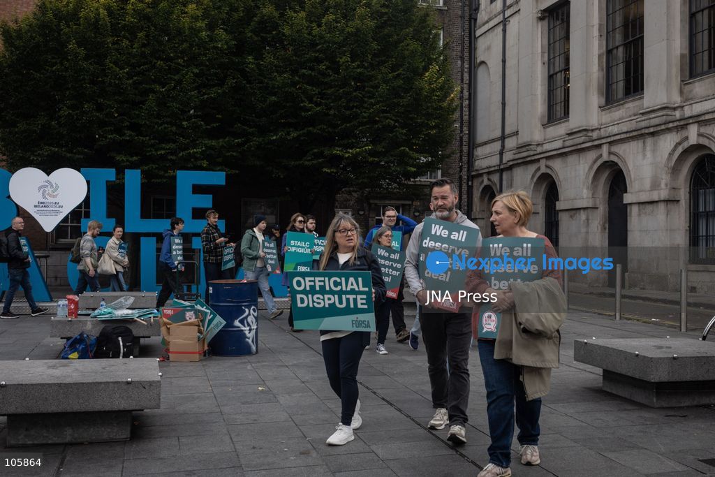 DUBLIN, IRELAND, OCTOBER 14, 2026: Public sector workers take part in a nationwide 24-hour strike in Dublin amid a dispute over negotiations for a new public sector pay agreement. The action involves teachers, healthcare workers and civil servants, disrupting schools and public services while essential emergency care remains available. Photo by Nadia Caimi / JNA Press. (Photo by Nadia Caimi/JNA Press via Nexpher Images)