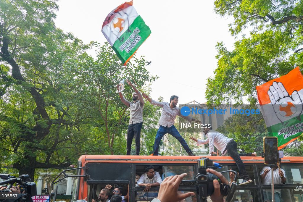 NEW DELHI, INDIA, OCTOBER 14, 2026: Indian Youth Congress workers, led by national president Uday Bhanu Chib, march towards Jantar Mantar amid a heavy security deployment in New Delhi. Demonstrators oppose the removal of Jantar Mantar’s designation as a protest venue and assert their right to peaceful assembly. Photo by Yanni Rawat / JNA Press. (Photo by yanni rawat/JNA Press via Nexpher Images)