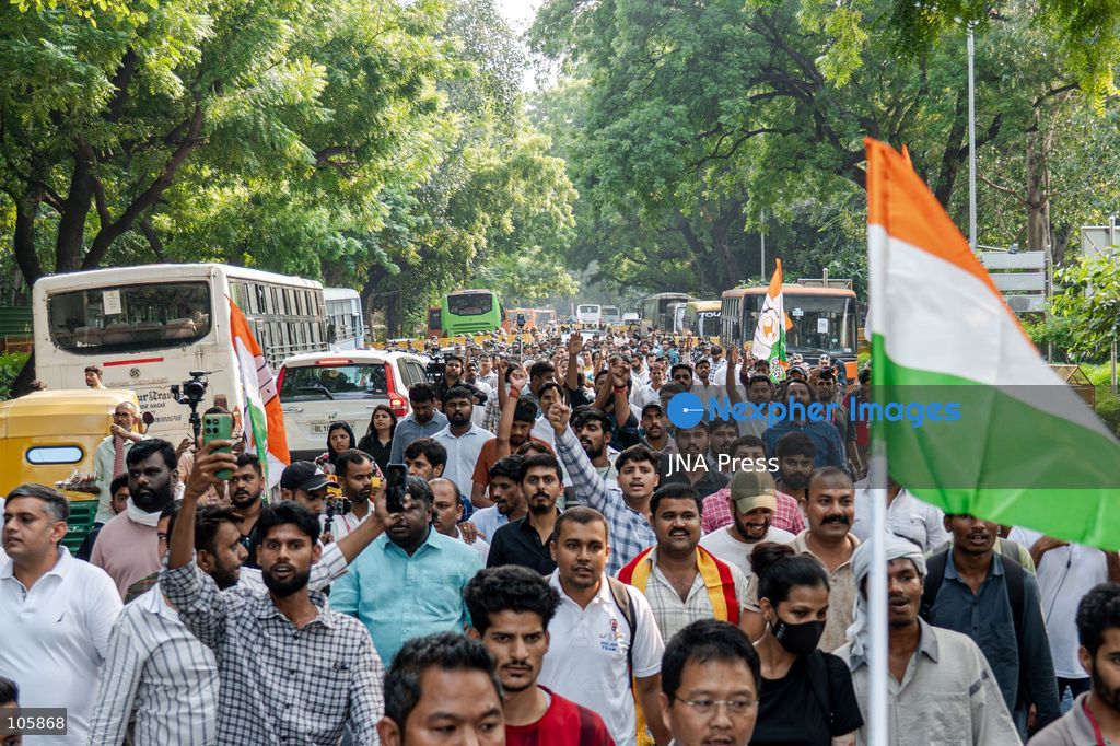 NEW DELHI, INDIA, OCTOBER 14, 2026: Indian Youth Congress workers, led by national president Uday Bhanu Chib, march towards Jantar Mantar amid a heavy security deployment in New Delhi. Demonstrators oppose the removal of Jantar Mantar’s designation as a protest venue and assert their right to peaceful assembly. Photo by Yanni Rawat / JNA Press. (Photo by yanni rawat/JNA Press via Nexpher Images)