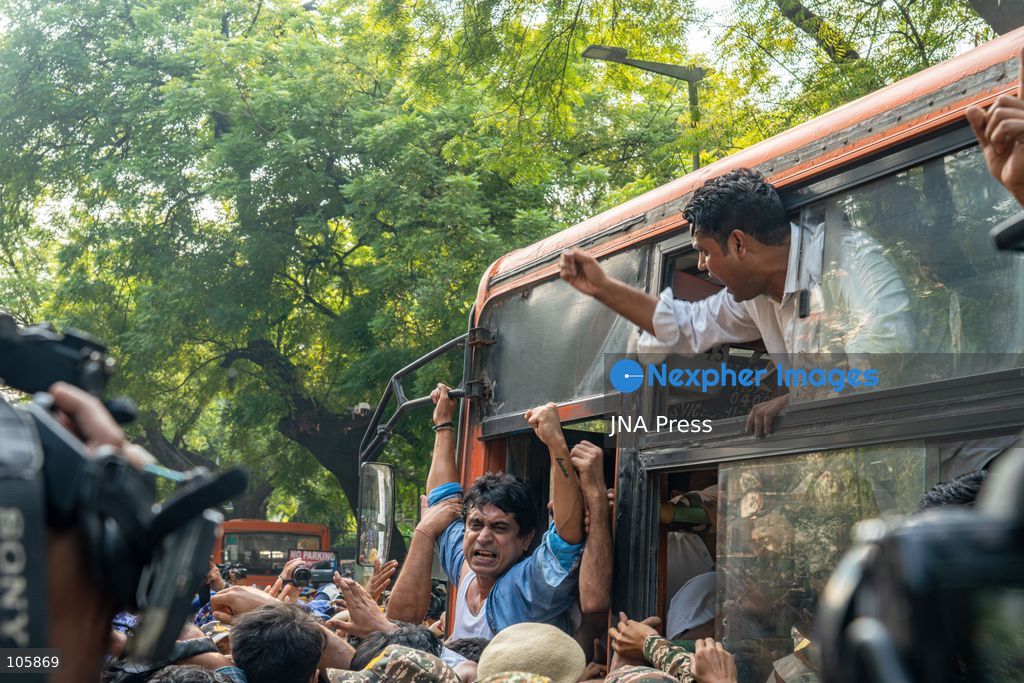 NEW DELHI, INDIA, OCTOBER 14, 2026: Indian Youth Congress workers, led by national president Uday Bhanu Chib, march towards Jantar Mantar amid a heavy security deployment in New Delhi. Demonstrators oppose the removal of Jantar Mantar’s designation as a protest venue and assert their right to peaceful assembly. Photo by Yanni Rawat / JNA Press. (Photo by yanni rawat/JNA Press via Nexpher Images)