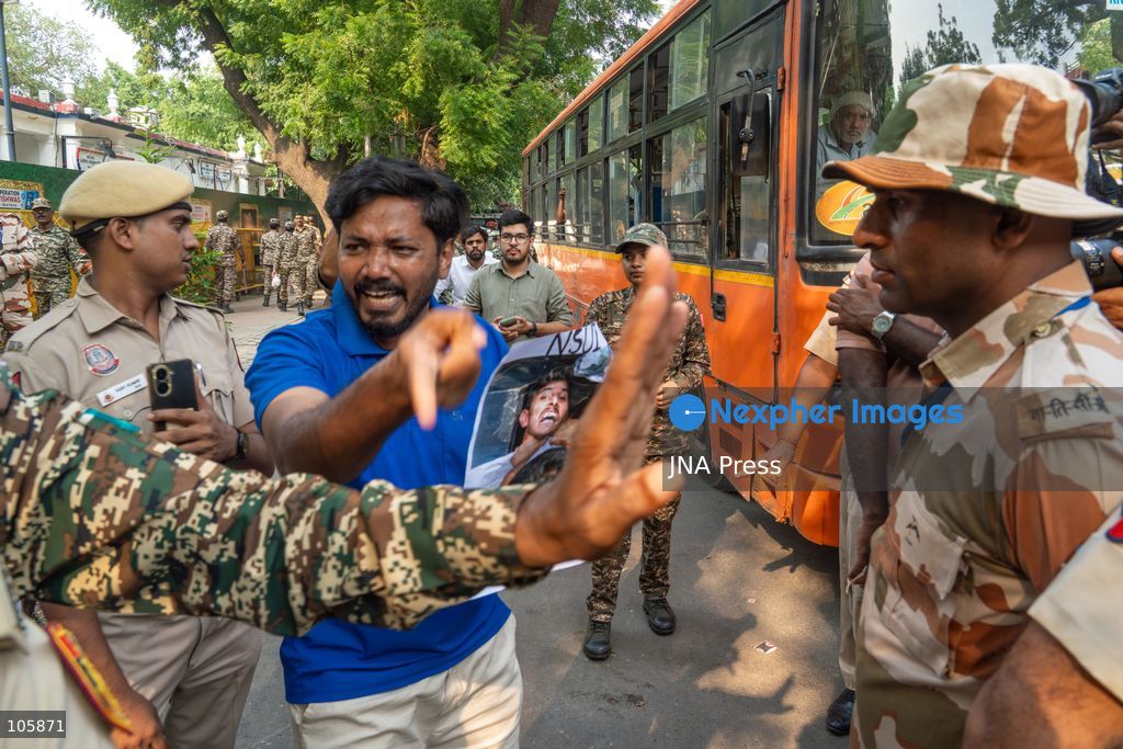 NEW DELHI, INDIA, OCTOBER 14, 2026: Indian Youth Congress workers, led by national president Uday Bhanu Chib, march towards Jantar Mantar amid a heavy security deployment in New Delhi. Demonstrators oppose the removal of Jantar Mantar’s designation as a protest venue and assert their right to peaceful assembly. Photo by Yanni Rawat / JNA Press. (Photo by yanni rawat/JNA Press via Nexpher Images)