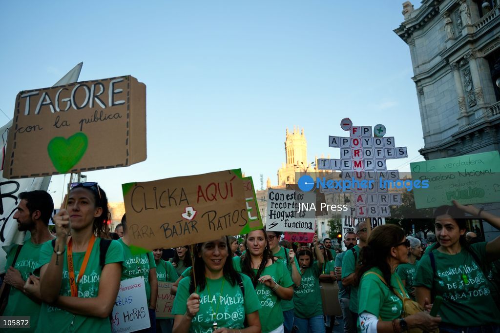MADRID, SPAIN, OCTOBER 14, 2026: Teachers and students march through Madrid demanding better funding and improved conditions in public education. The demonstration takes place on the first day of an indefinite strike by non-university teachers across the Madrid region, with university staff and students joining a one-day solidarity stoppage. Photo by Mario Moron / JNA Press. (Photo by Mario Morón/JNA Press via Nexpher Images)