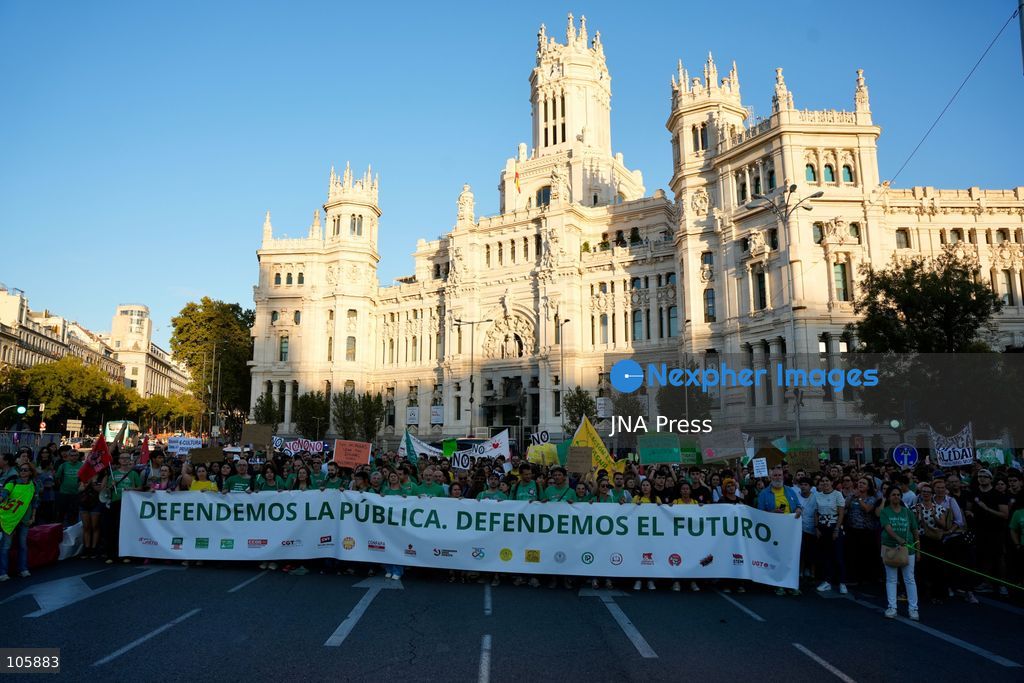 MADRID, SPAIN, OCTOBER 14, 2026: Teachers and students march through Madrid demanding better funding and improved conditions in public education. The demonstration takes place on the first day of an indefinite strike by non-university teachers across the Madrid region, with university staff and students joining a one-day solidarity stoppage. Photo by Mario Moron / JNA Press. (Photo by Mario Morón/JNA Press via Nexpher Images)