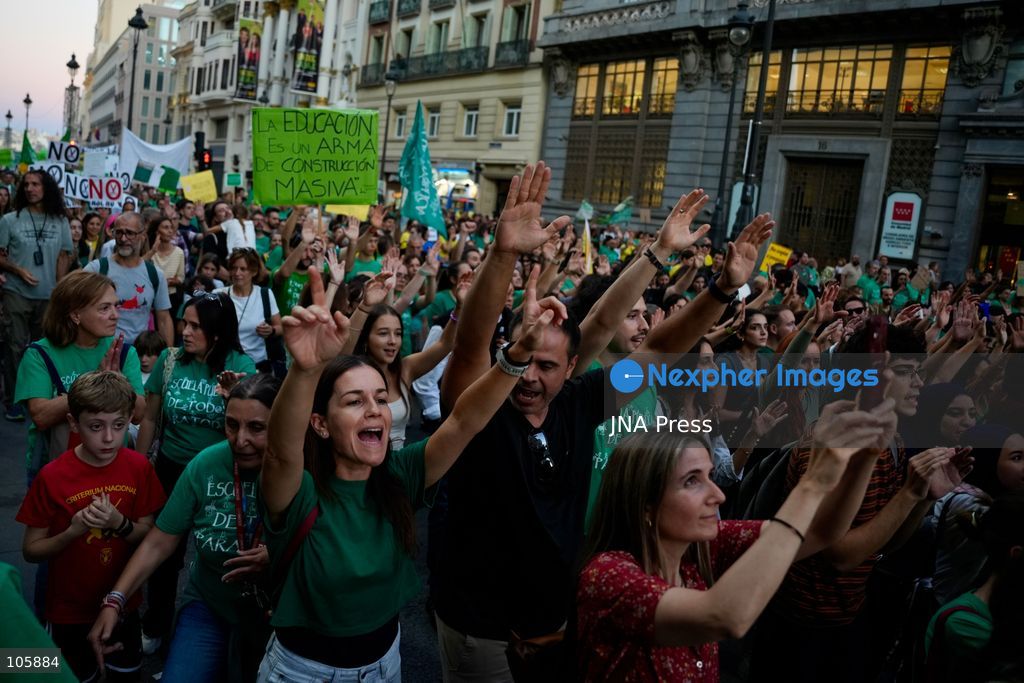 MADRID, SPAIN, OCTOBER 14, 2026: Teachers and students march through Madrid demanding better funding and improved conditions in public education. The demonstration takes place on the first day of an indefinite strike by non-university teachers across the Madrid region, with university staff and students joining a one-day solidarity stoppage. Photo by Mario Moron / JNA Press. (Photo by Mario Morón/JNA Press via Nexpher Images)
