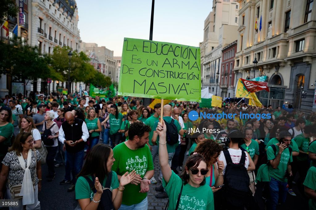 MADRID, SPAIN, OCTOBER 14, 2026: Teachers and students march through Madrid demanding better funding and improved conditions in public education. The demonstration takes place on the first day of an indefinite strike by non-university teachers across the Madrid region, with university staff and students joining a one-day solidarity stoppage. Photo by Mario Moron / JNA Press. (Photo by Mario Morón/JNA Press via Nexpher Images)
