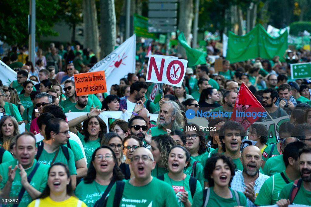 MADRID, SPAIN, OCTOBER 14, 2026: Teachers and students march through Madrid demanding better funding and improved conditions in public education. The demonstration takes place on the first day of an indefinite strike by non-university teachers across the Madrid region, with university staff and students joining a one-day solidarity stoppage. Photo by Mario Moron / JNA Press. (Photo by Mario Morón/JNA Press via Nexpher Images)