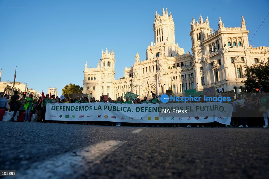 MADRID, SPAIN, OCTOBER 14, 2026: Teachers and students march through Madrid demanding better funding and improved conditions in public education. The demonstration takes place on the first day of an indefinite strike by non-university teachers across the Madrid region, with university staff and students joining a one-day solidarity stoppage. Photo by Mario Moron / JNA Press. (Photo by Mario Morón/JNA Press via Nexpher Images)
