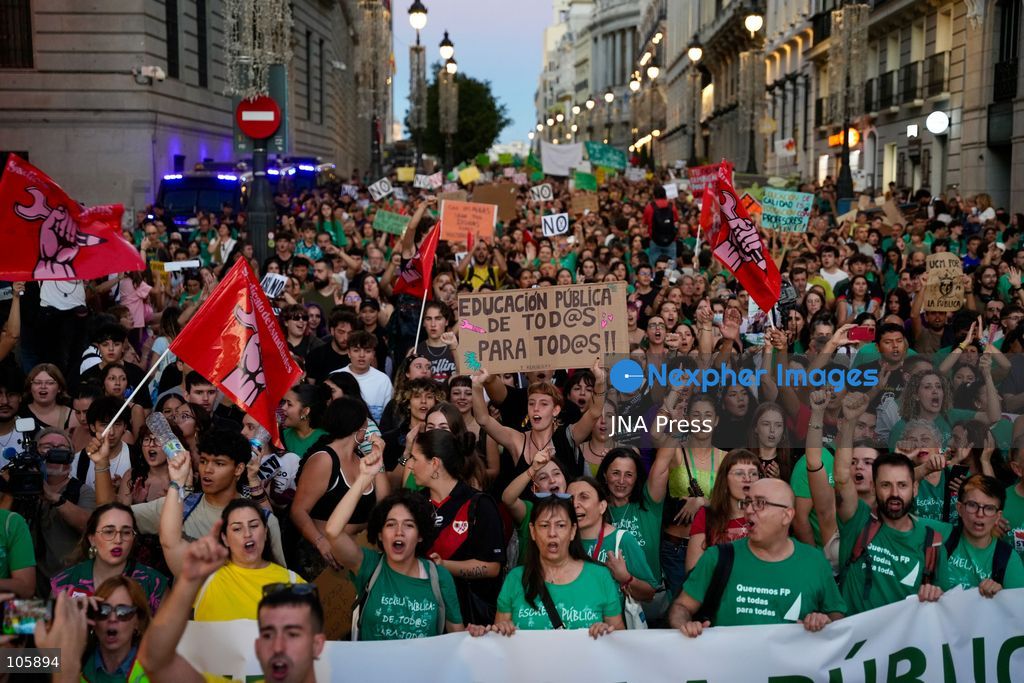 MADRID, SPAIN, OCTOBER 14, 2026: Teachers and students march through Madrid demanding better funding and improved conditions in public education. The demonstration takes place on the first day of an indefinite strike by non-university teachers across the Madrid region, with university staff and students joining a one-day solidarity stoppage. Photo by Mario Moron / JNA Press. (Photo by Mario Morón/JNA Press via Nexpher Images)
