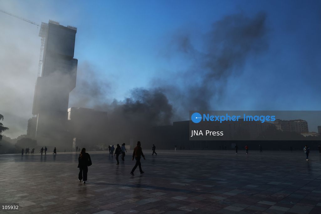 TIRANA, ALBANIA, OCTOBER 14, 2026: Demonstrators clash with riot police during student-led protests over rising education costs, university conditions and alleged corruption in Tirana. Fires damage the Ministry of Education and bank premises as protesters throw stones and other objects, while police use tear gas and water cannons. Photo by Vlasov Sulaj / JNA Press. (Photo by Vlasov Sulaj/JNA Press via Nexpher Images)