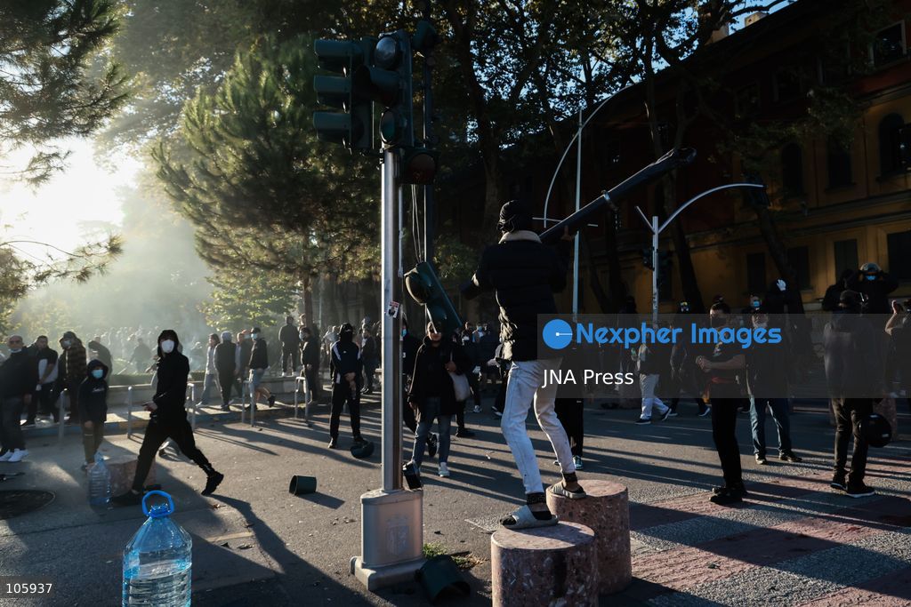 TIRANA, ALBANIA, OCTOBER 14, 2026: Demonstrators clash with riot police during student-led protests over rising education costs, university conditions and alleged corruption in Tirana. Fires damage the Ministry of Education and bank premises as protesters throw stones and other objects, while police use tear gas and water cannons. Photo by Vlasov Sulaj / JNA Press. (Photo by Vlasov Sulaj/JNA Press via Nexpher Images)
