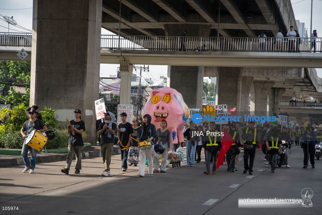 BANGKOK, THAILAND, OCTOBER 15, 2026: Civil society activists march in Bangkok to protest against the World Bank and the International Monetary Fund during their 2026 Annual Meetings. Demonstrators carry banners and signs opposing the institutions as organisers seek police permission to demonstrate outside the Queen Sirikit National Convention Center. Photo by Panawat Seangsotg / JNA Press. (Photo by Panawat Seangsotg/JNA Press via Nexpher Images)