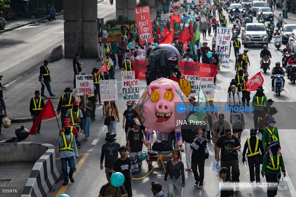BANGKOK, THAILAND, OCTOBER 15, 2026: Civil society activists march in Bangkok to protest against the World Bank and the International Monetary Fund during their 2026 Annual Meetings. Demonstrators carry banners and signs opposing the institutions as organisers seek police permission to demonstrate outside the Queen Sirikit National Convention Center. Photo by Panawat Seangsotg / JNA Press. (Photo by Panawat Seangsotg/JNA Press via Nexpher Images)
